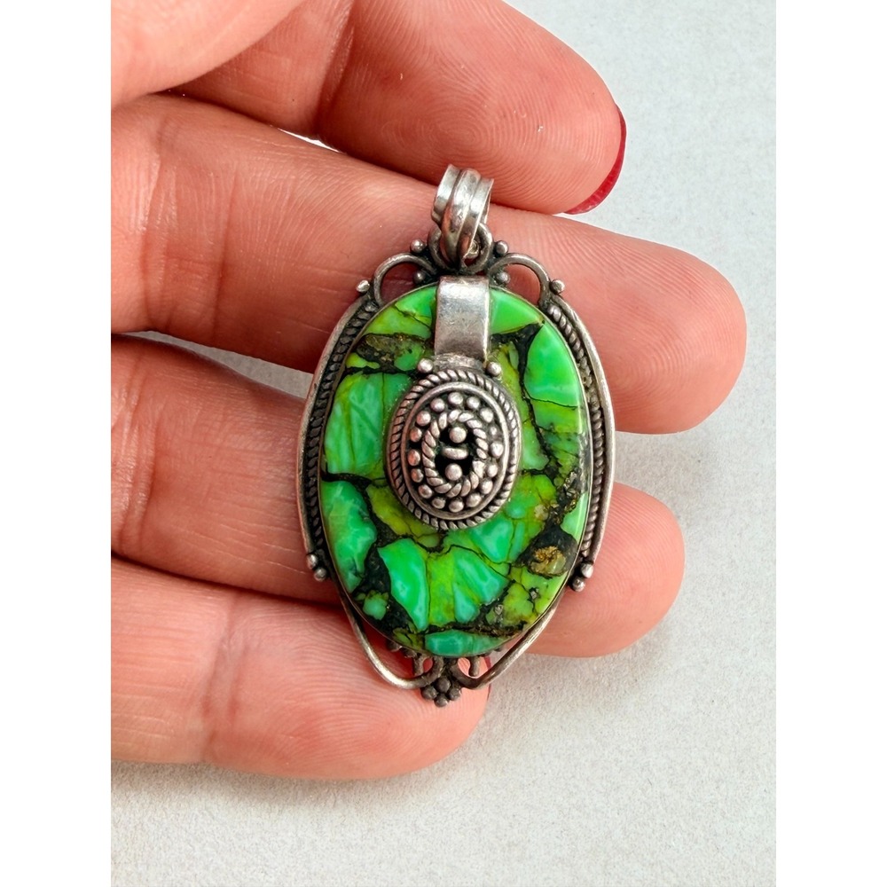 Gorgeous Handmade Sterling Silver 925 Green Copper Turquoise Statement Pendant